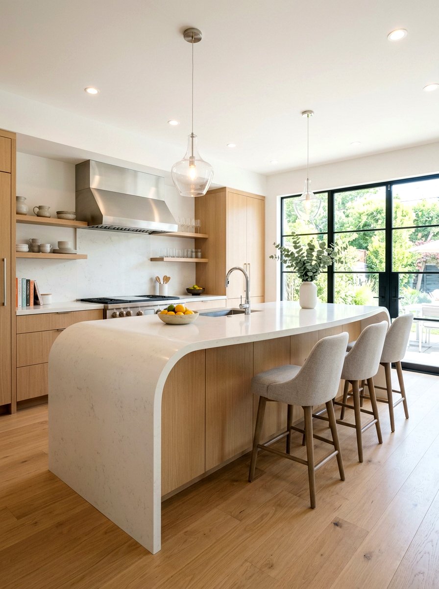 Curved Waterfall Kitchen Island - 30 waterfall countertop ideas