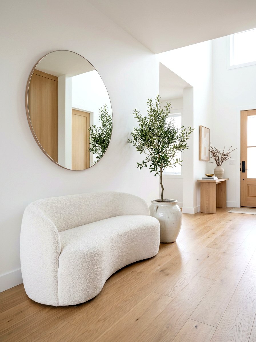 Curved White Boucle Bench - 30 boucle entry bench ideas