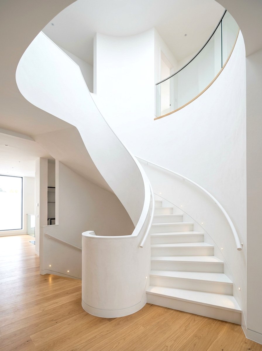 Curved White Staircase Recessed Light - 30 stair lighting ideas