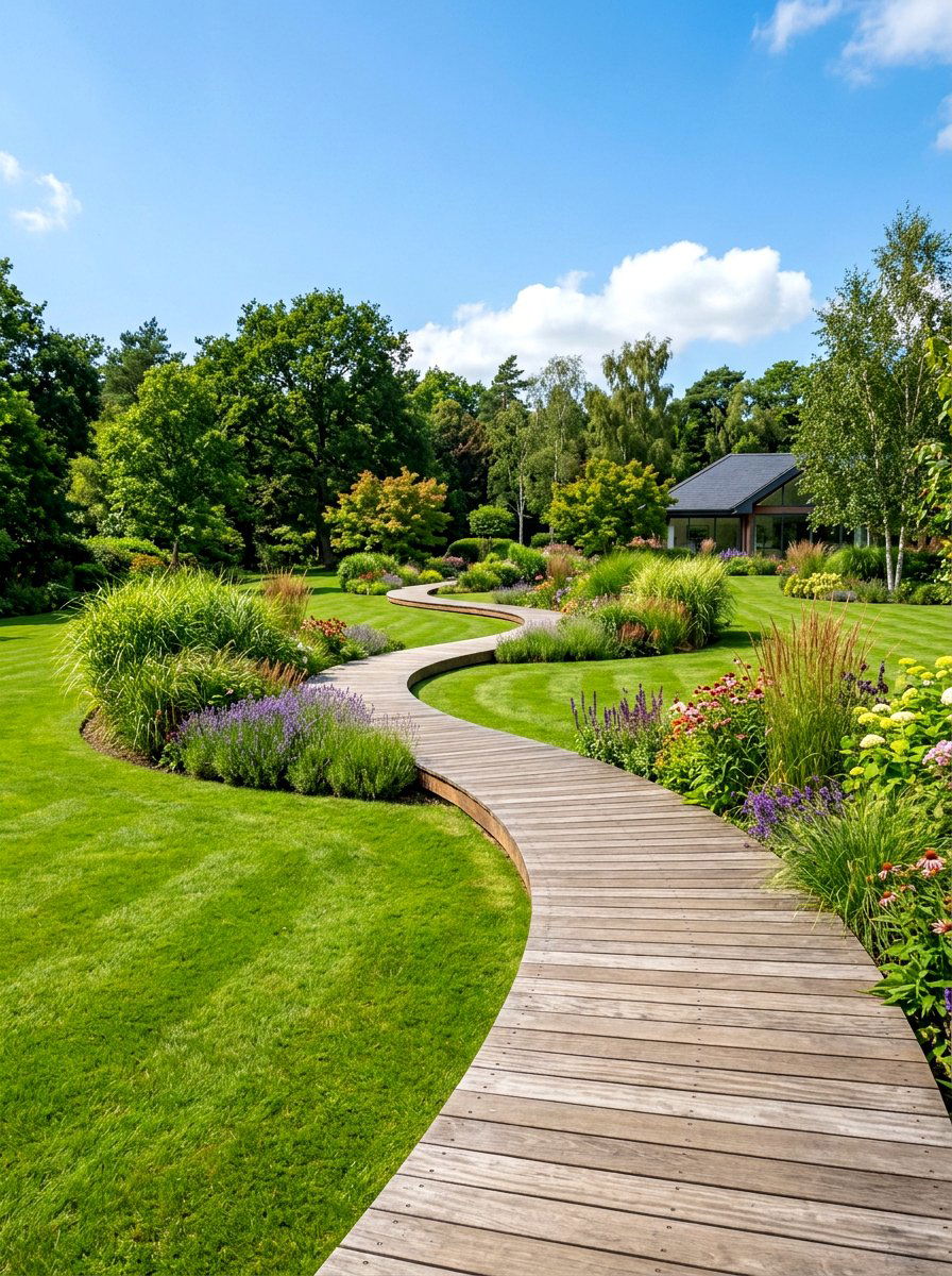 Curved Wood Walkway - 30 boardwalk garden path ideas