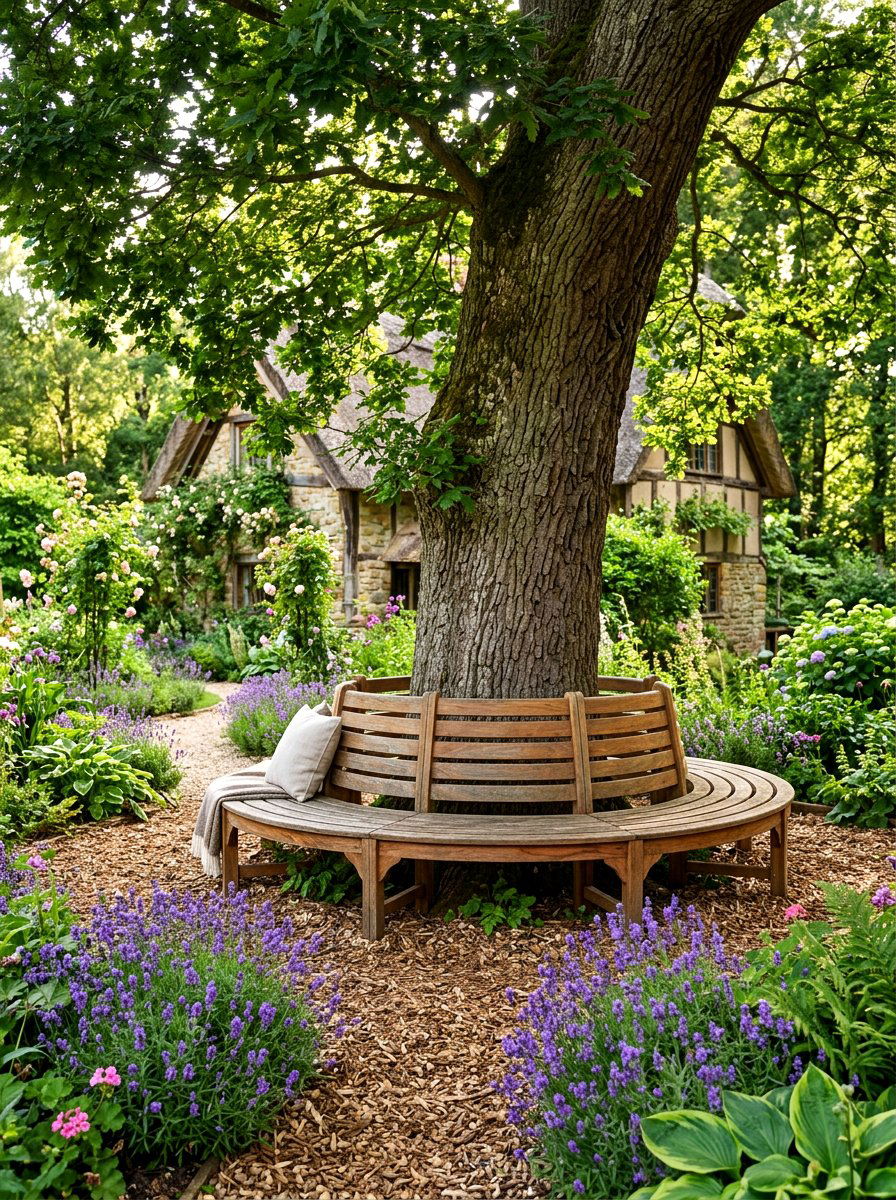 Curved Wooden Bench - 30 backyard seating circle ideas