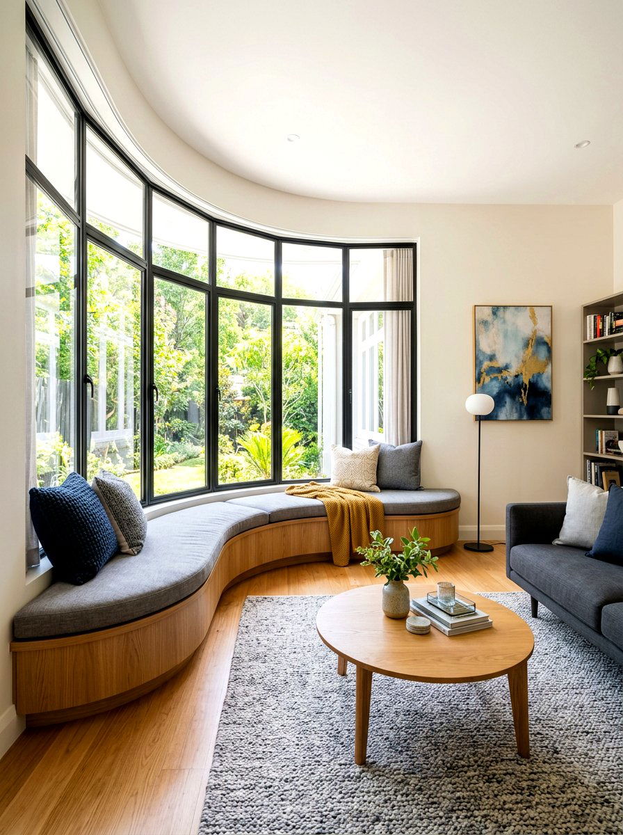Curved bay window seating - 30 bay window seating living room ideas