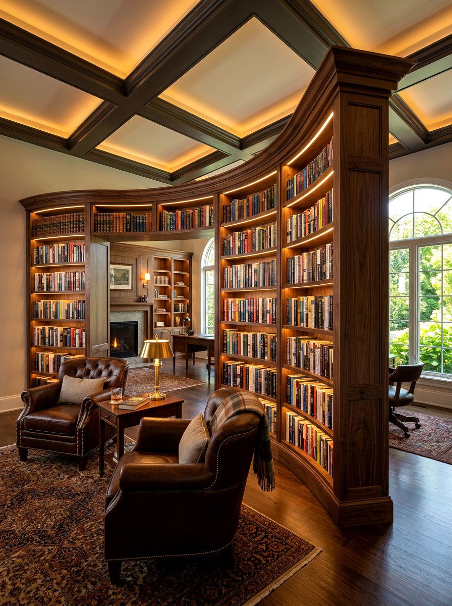 Curved bookshelf room divider - 30 curved partition wall ideas