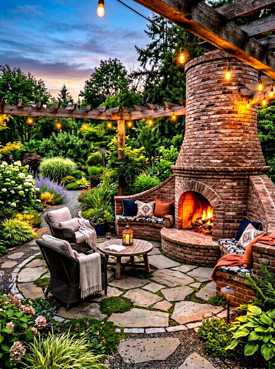 Curved brick fireplace outdoor lounge - 30 brick outdoor fireplace ideas