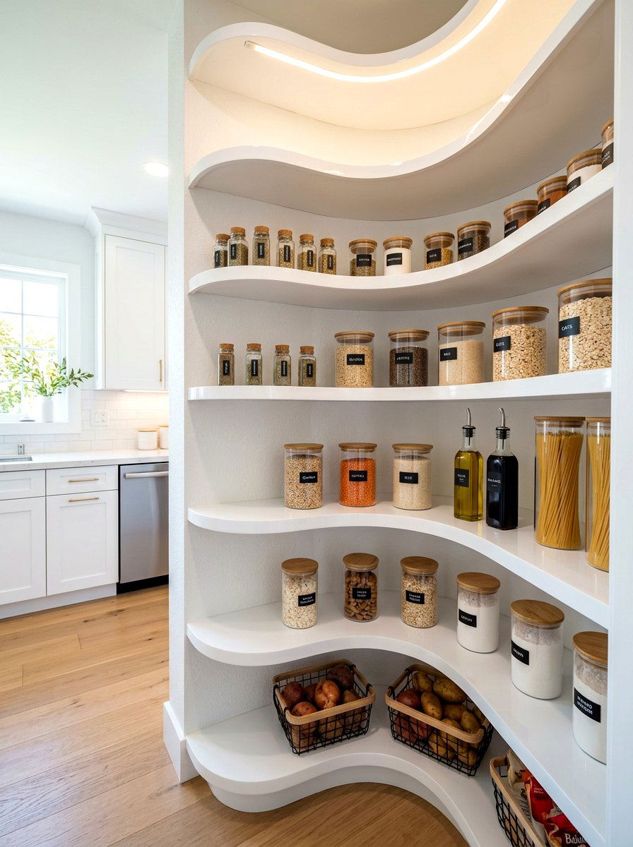 Curved corner pantry shelves - 30 corner pantry shelving ideas