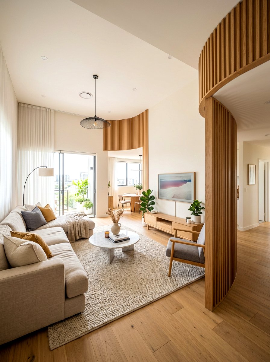 Curved fluted wood partition - 30 curved partition wall ideas