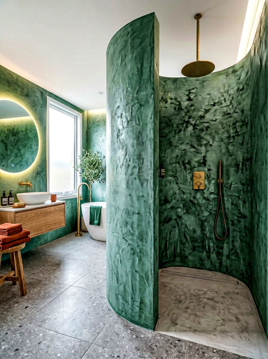 Curved microcement shower wall - 30 microcement bathroom ideas