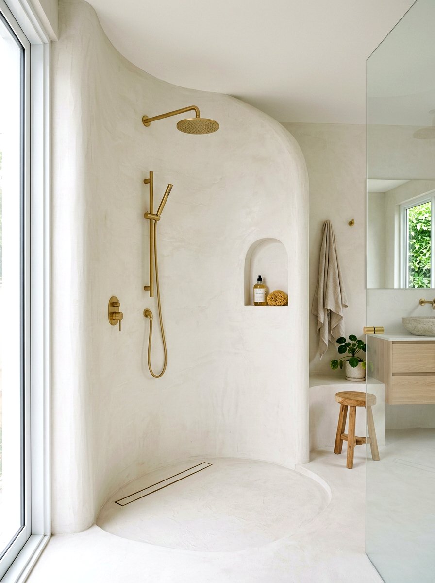 Curved microcement shower - 30 microcement shower ideas