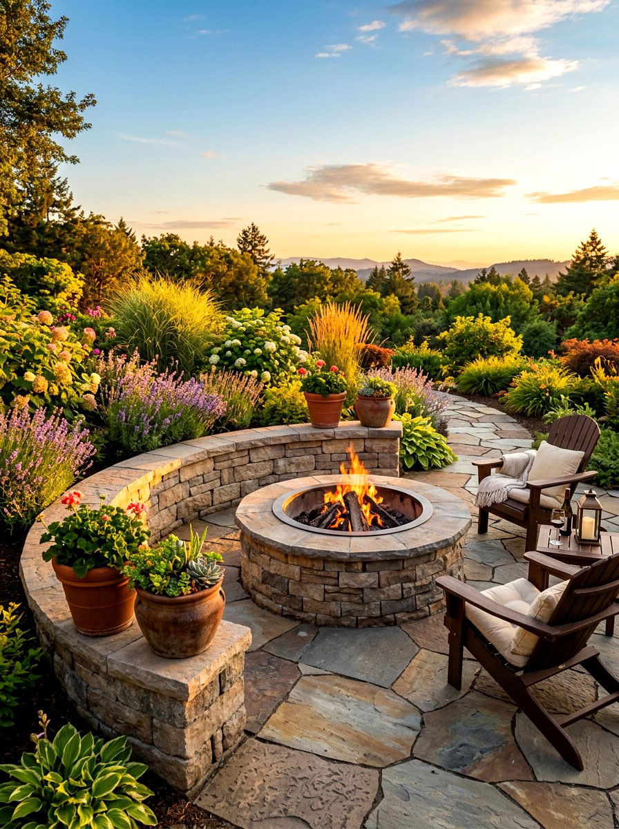 Curved paver wall fire pit - 30 paver fire pit patio ideas