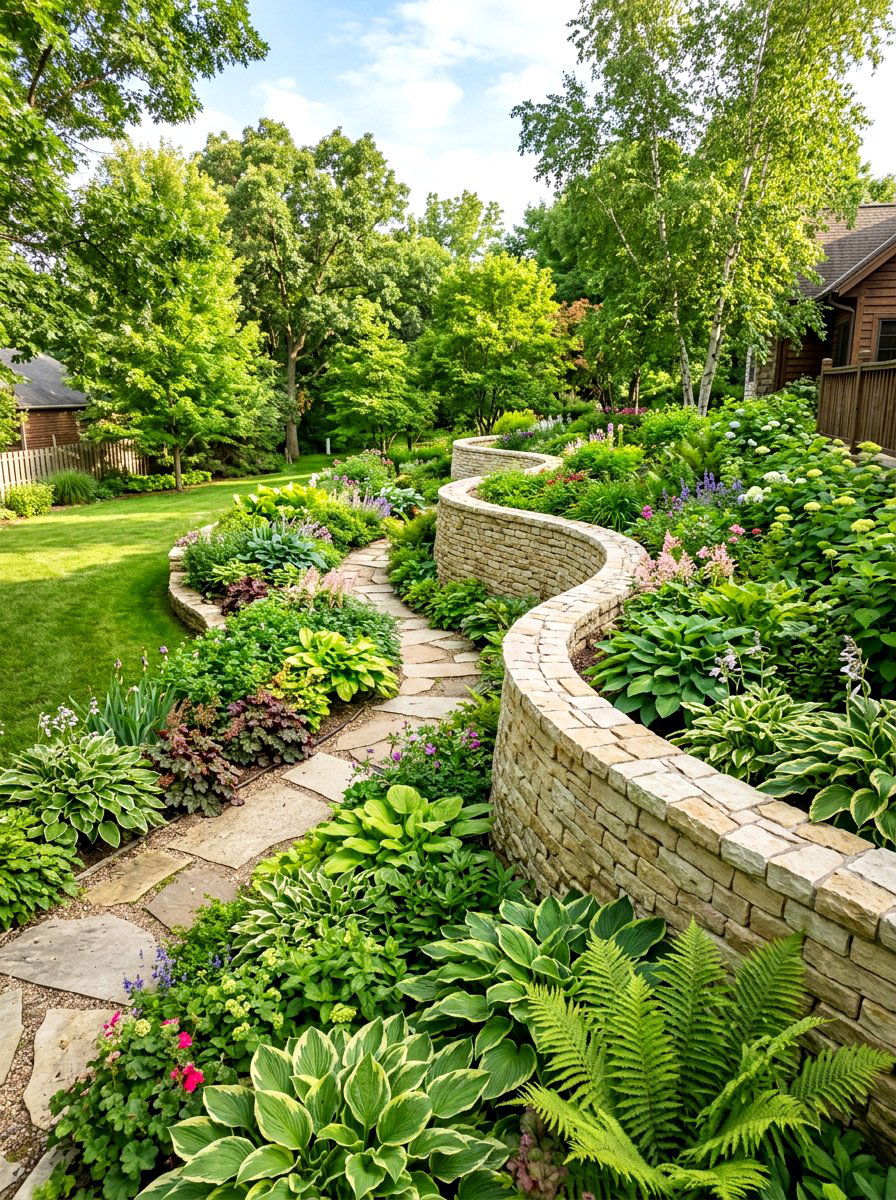 Curved retaining wall - 30 sloped backyard retaining wall ideas