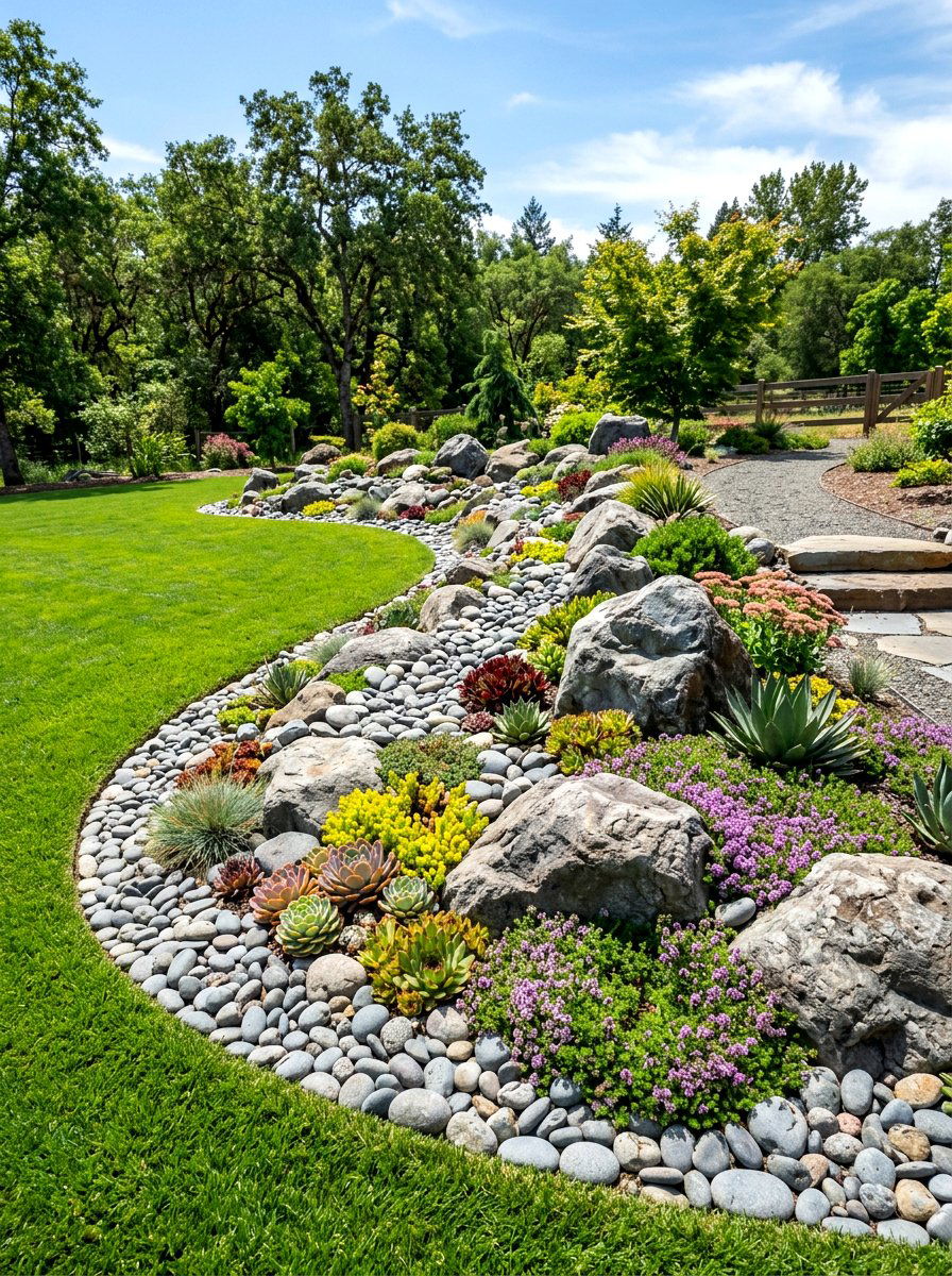 Curved rock garden - 30 corner yard landscaping ideas