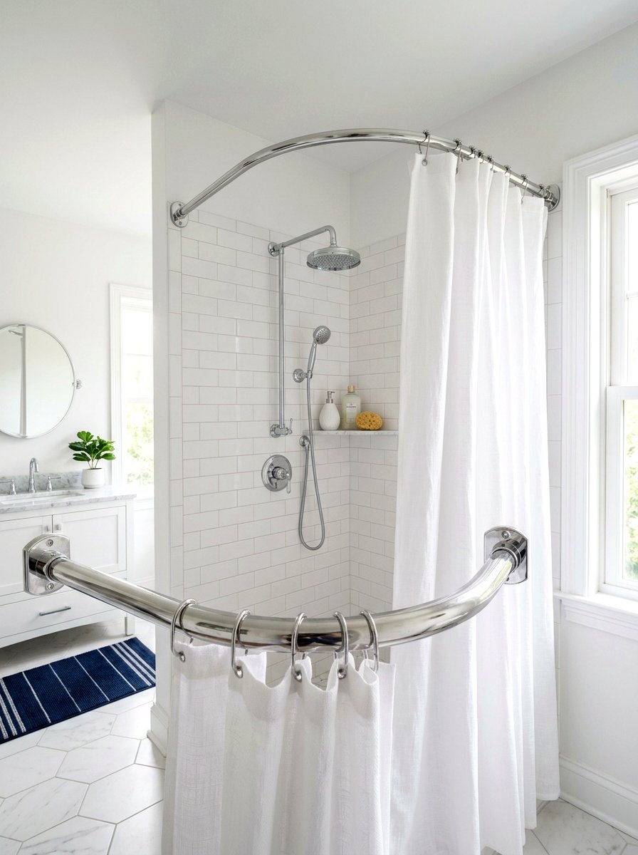Curved shower curtain rod - 30 renter friendly bathroom decor ideas
