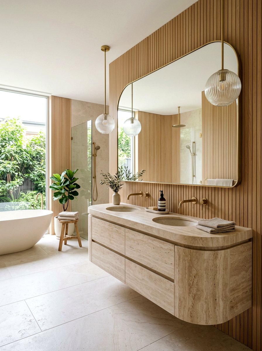 Curved travertine vanity - 30 travertine vanity bathroom ideas
