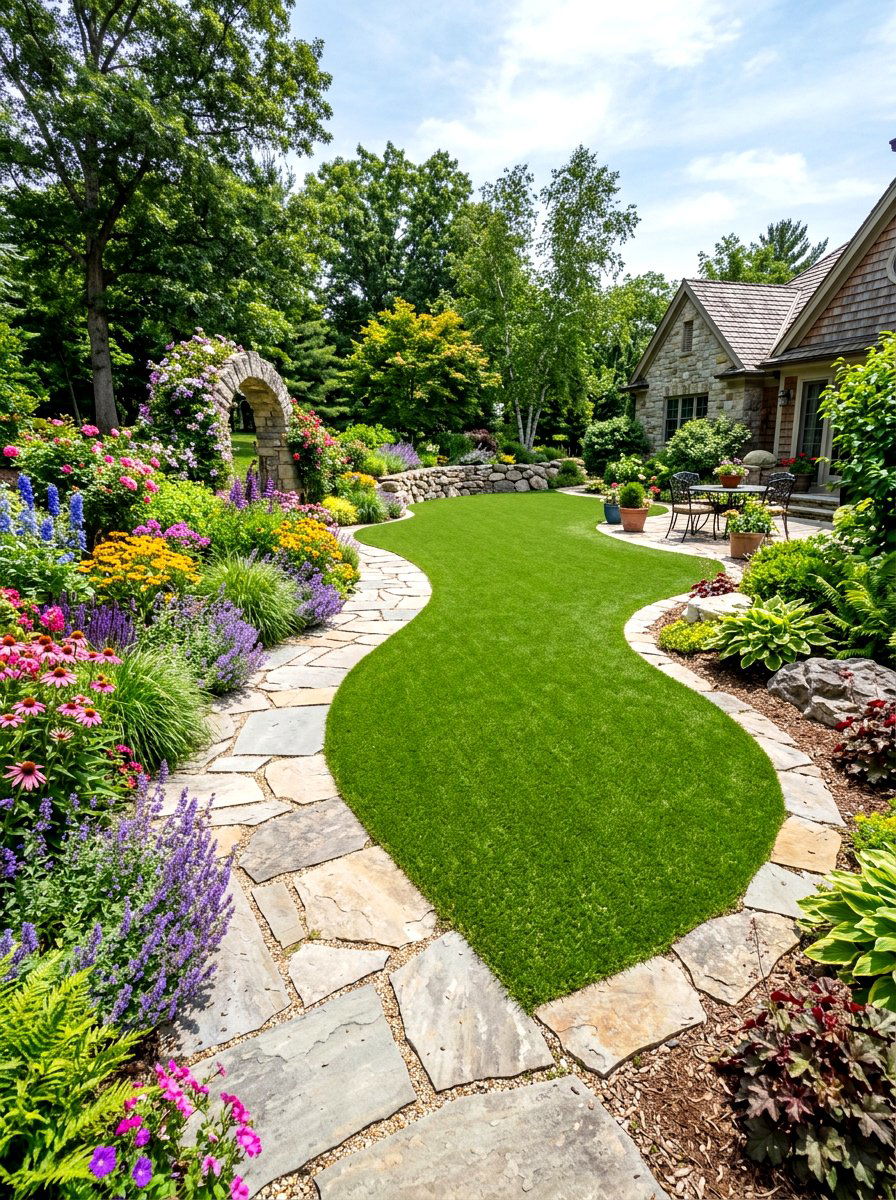 Curved turf lawn design - 30 artificial turf backyard ideas