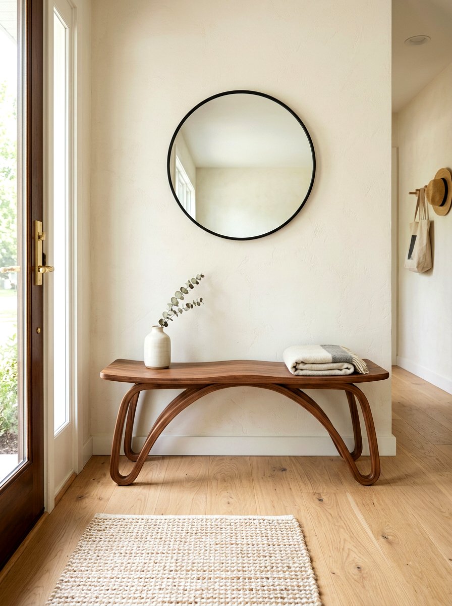 Curved wood entryway bench - 30 sculptural entry bench ideas