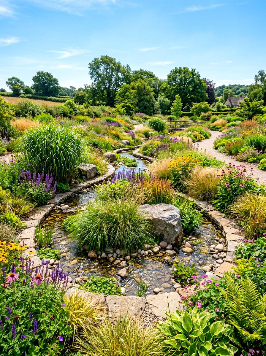 Curving Garden Brook - 30 stream garden ideas