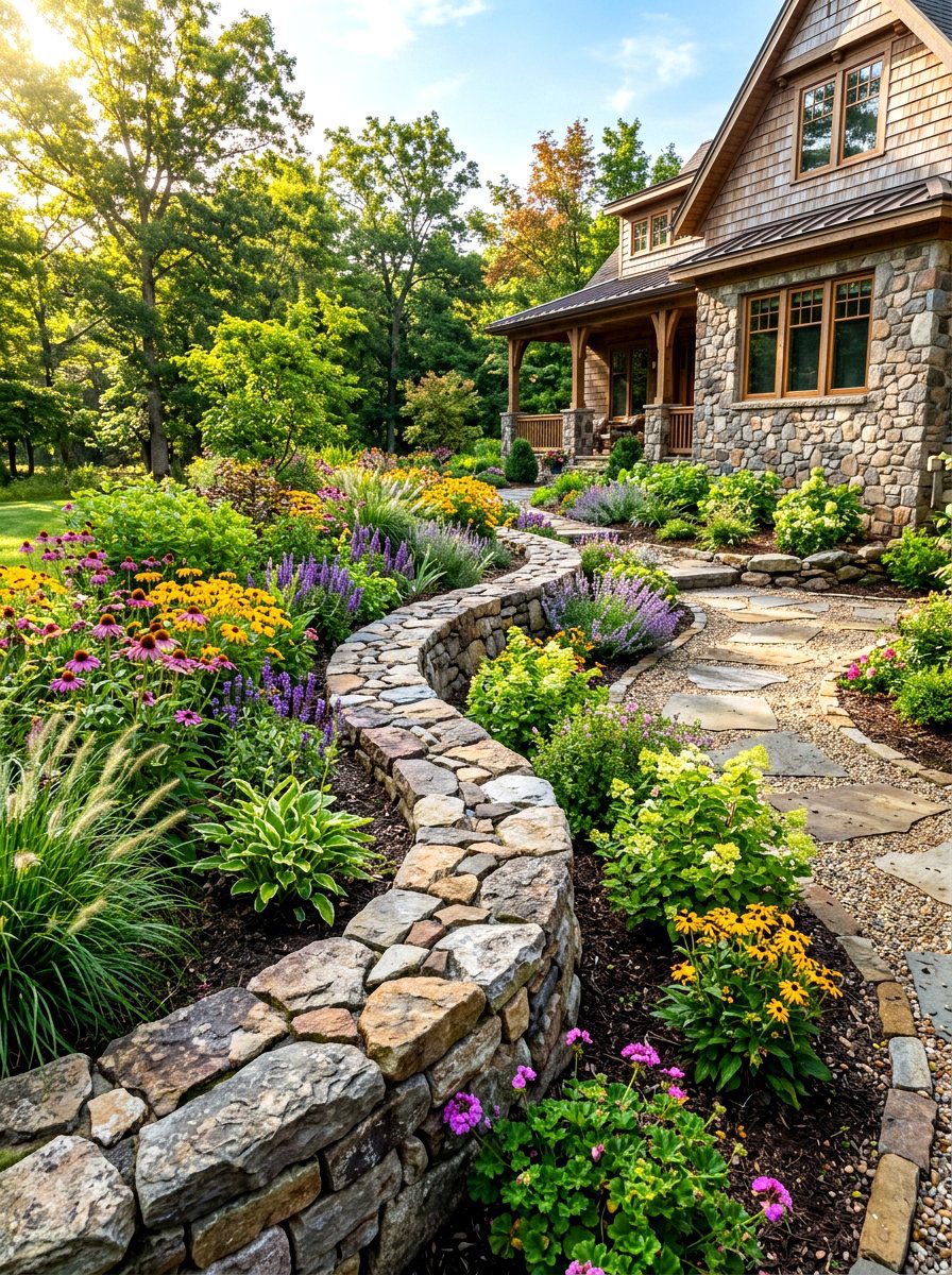 Curving Natural Stone Edged Borders - 30 foundation flower bed ideas
