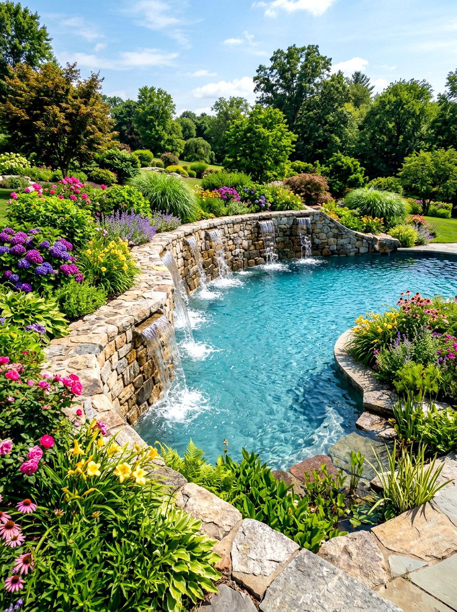 Curving Stone Pool Waterfall - 30 pool waterfall ideas
