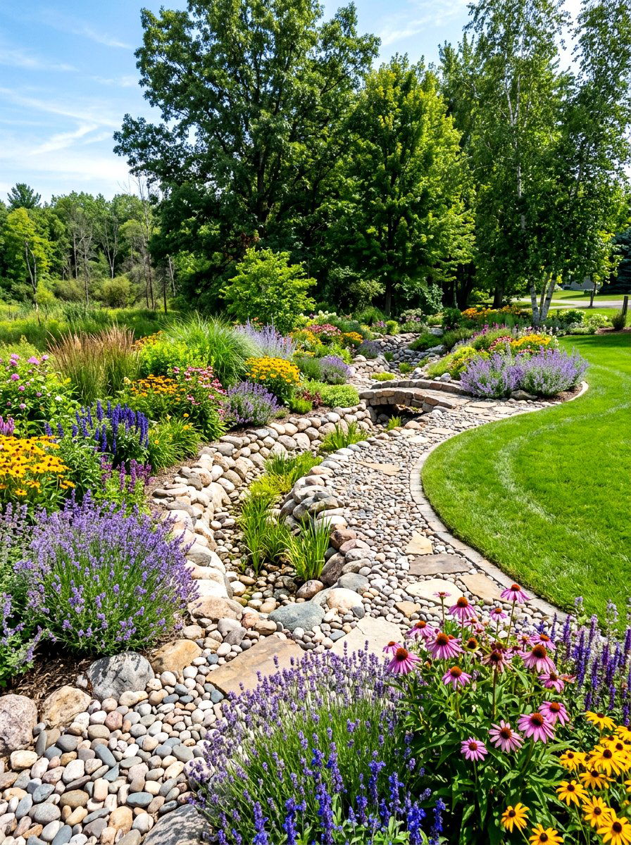 Curving Stone Swale - 30 swale landscaping ideas