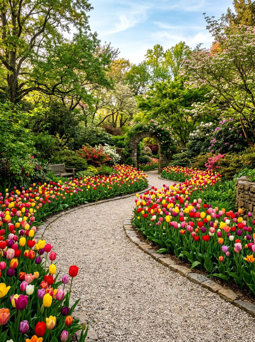 Curvy Tulip Garden Path - 30 tulip border ideas