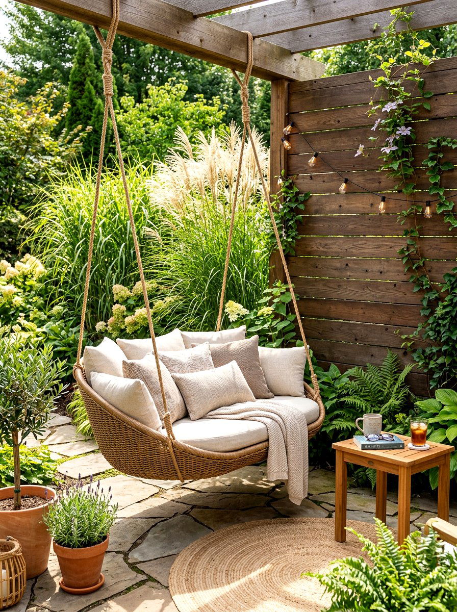 Cushioned Pod Swing Area - 30 hanging chair patio ideas