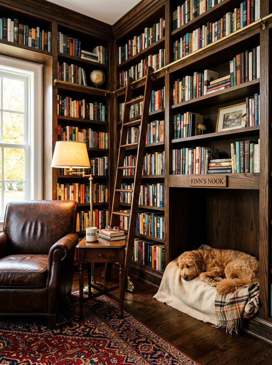 Custom Bookshelf Dog Bed - 30 built in dog nook ideas