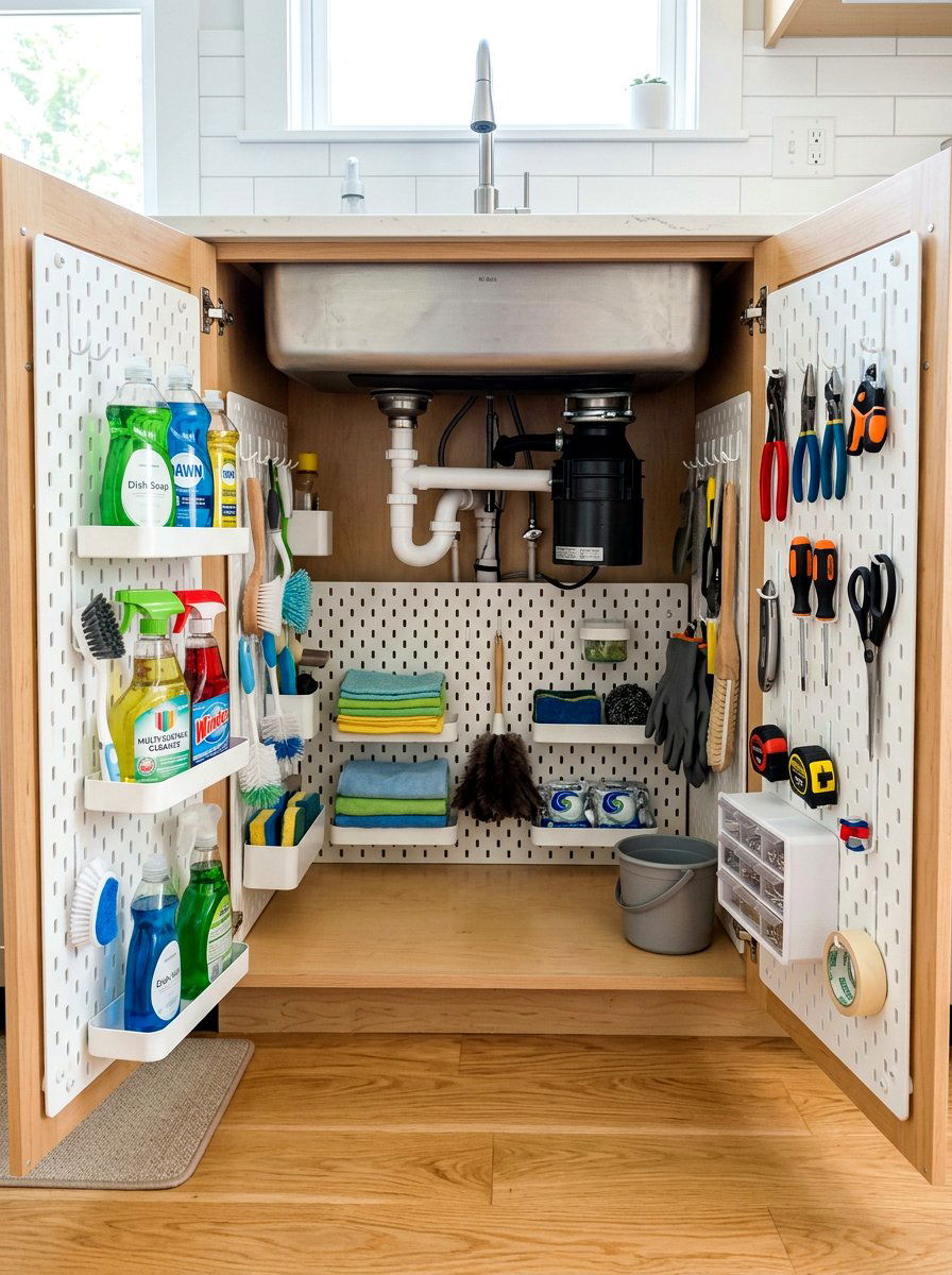 Custom Pegboard Wall Solution - 30 under sink kitchen organization ideas