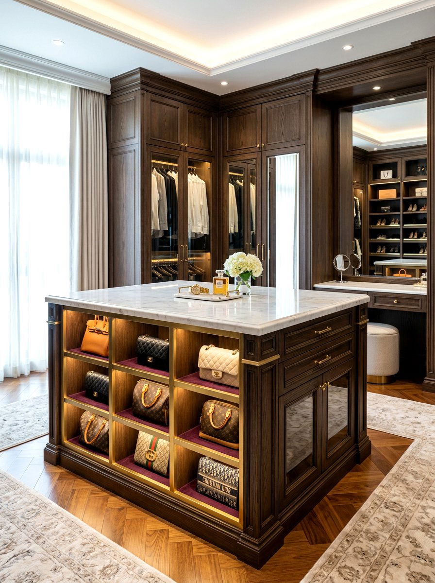 Custom island with purse display - 30 purse display closet ideas