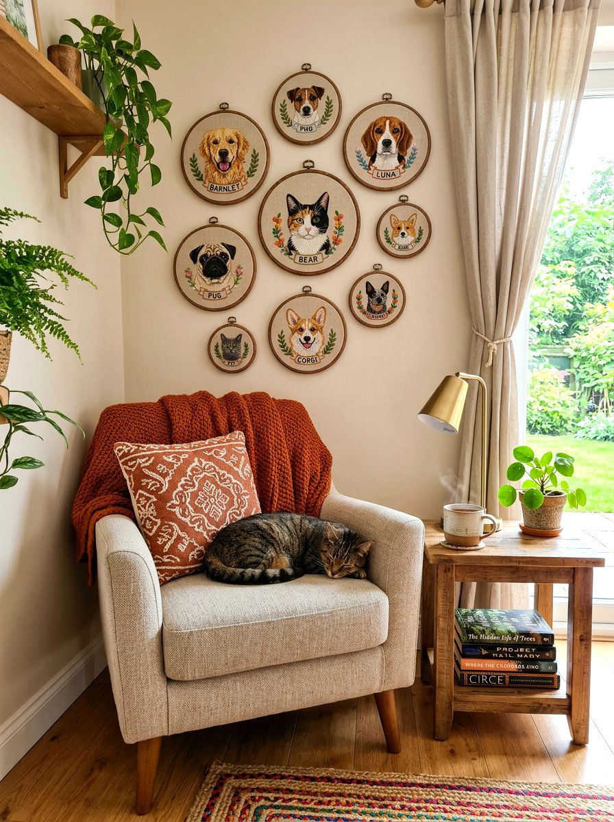 Custom pet embroidery wall art - 30 pet portrait wall ideas