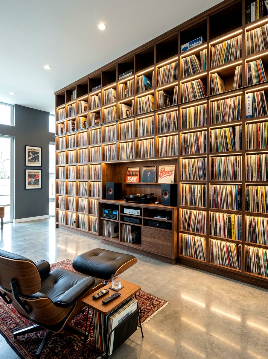 Custom vinyl wall shelving - 30 record listening room ideas