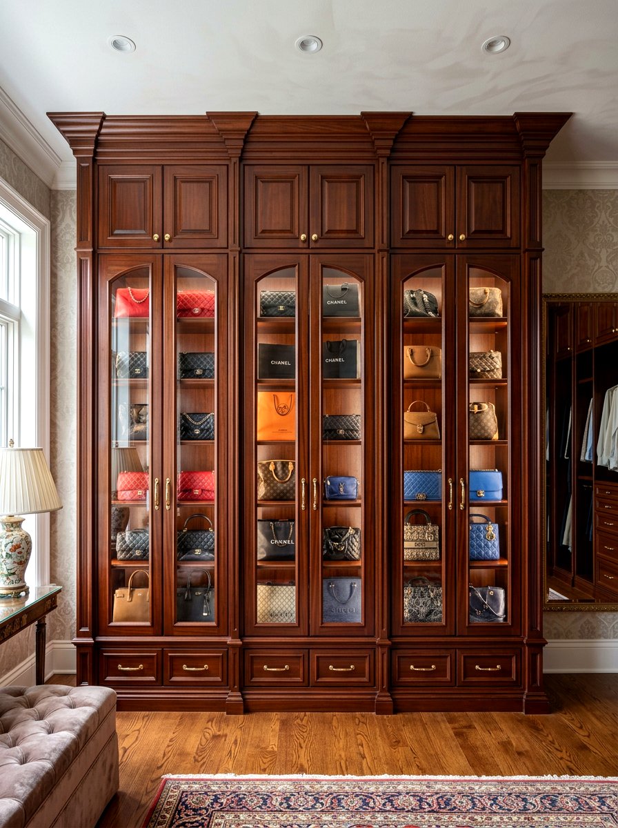 Custom wood handbag cabinet - 30 purse display closet ideas