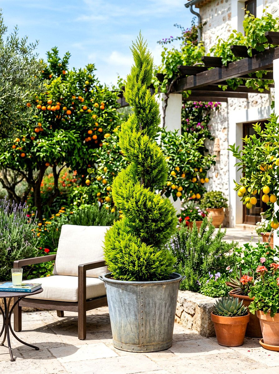 Cypress Spiral Topiary - 30 front porch topiary ideas