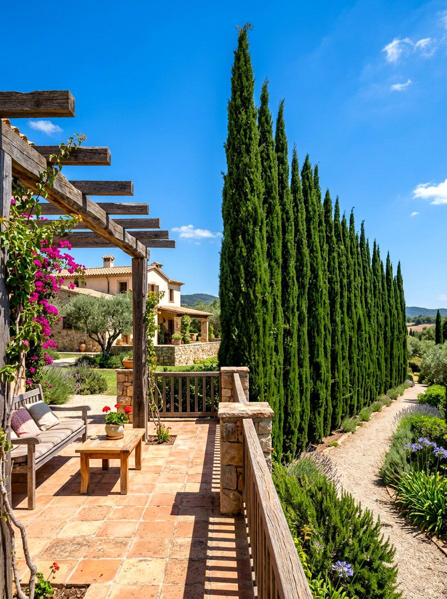 Cypress Tree Row - 30 hedge wall patio ideas
