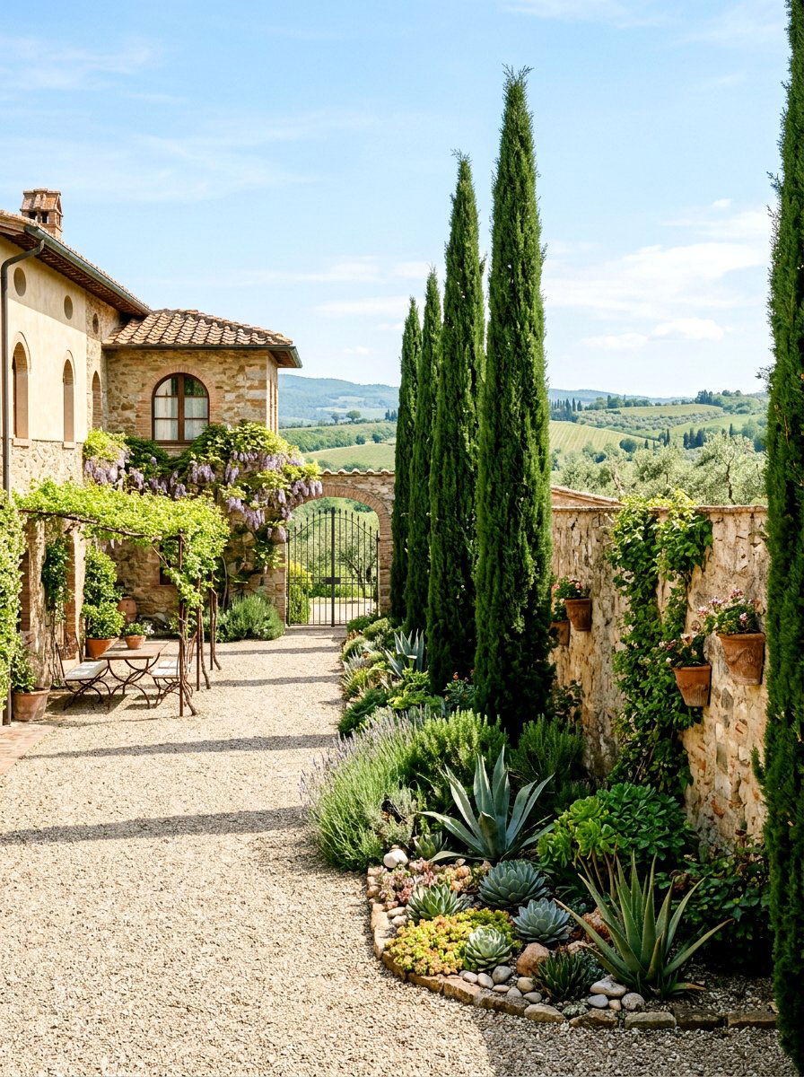 Cypress tree courtyard - 30 Mediterranean front courtyard ideas