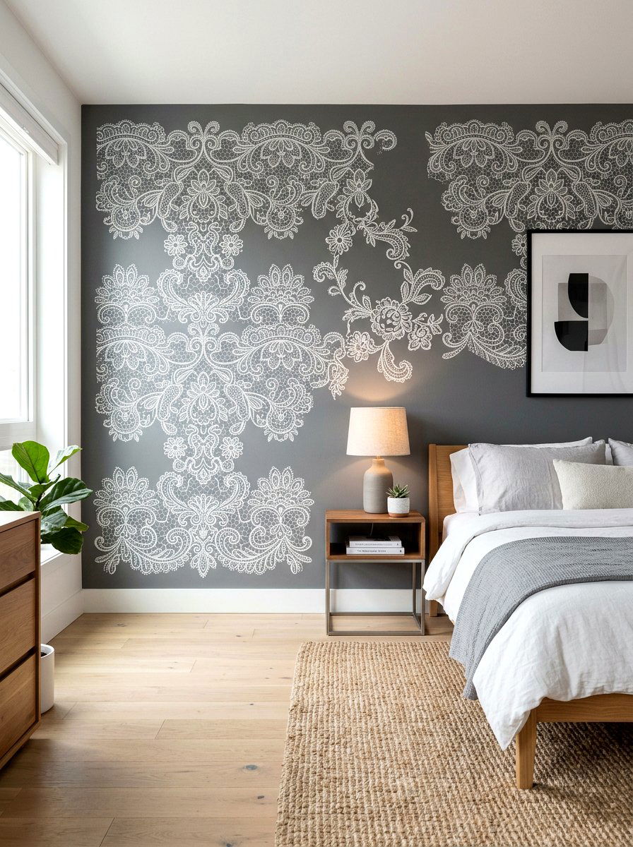 DIY Lace Stencil Wall - 30 lace bedroom decor ideas