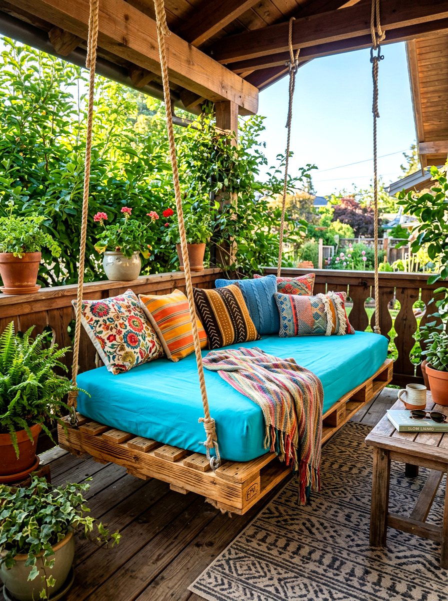 DIY Pallet Swing Bed - 30 porch daybed swing ideas