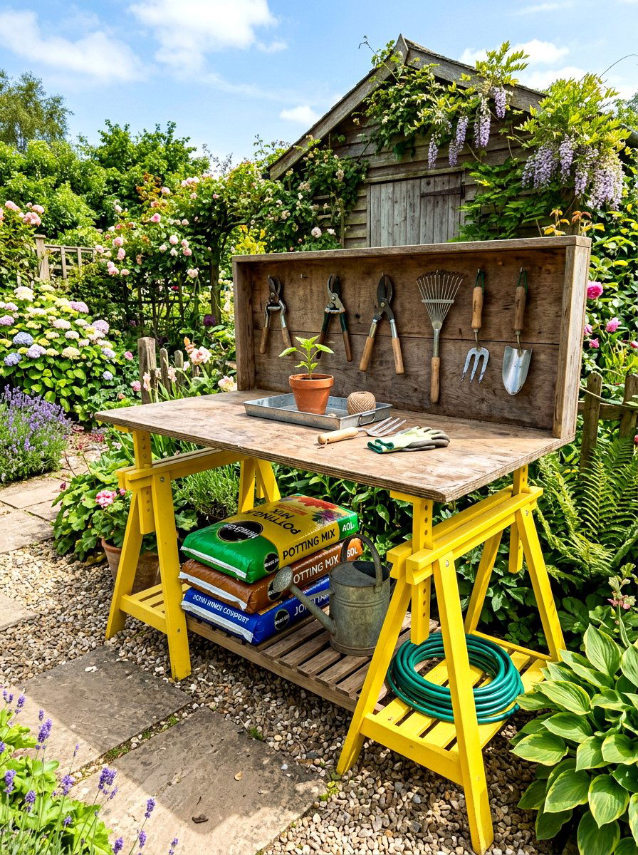 DIY Sawhorse Potting Bench - 30 potting bench ideas