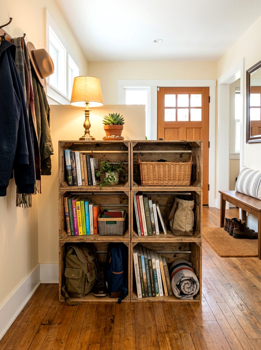 DIY Wooden Crate Shelf - 30 backpack drop zone ideas
