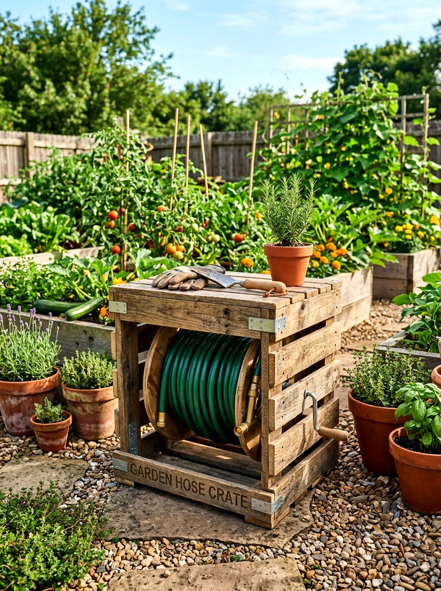 DIY hose reel crate - 30 hose reel hideaway ideas