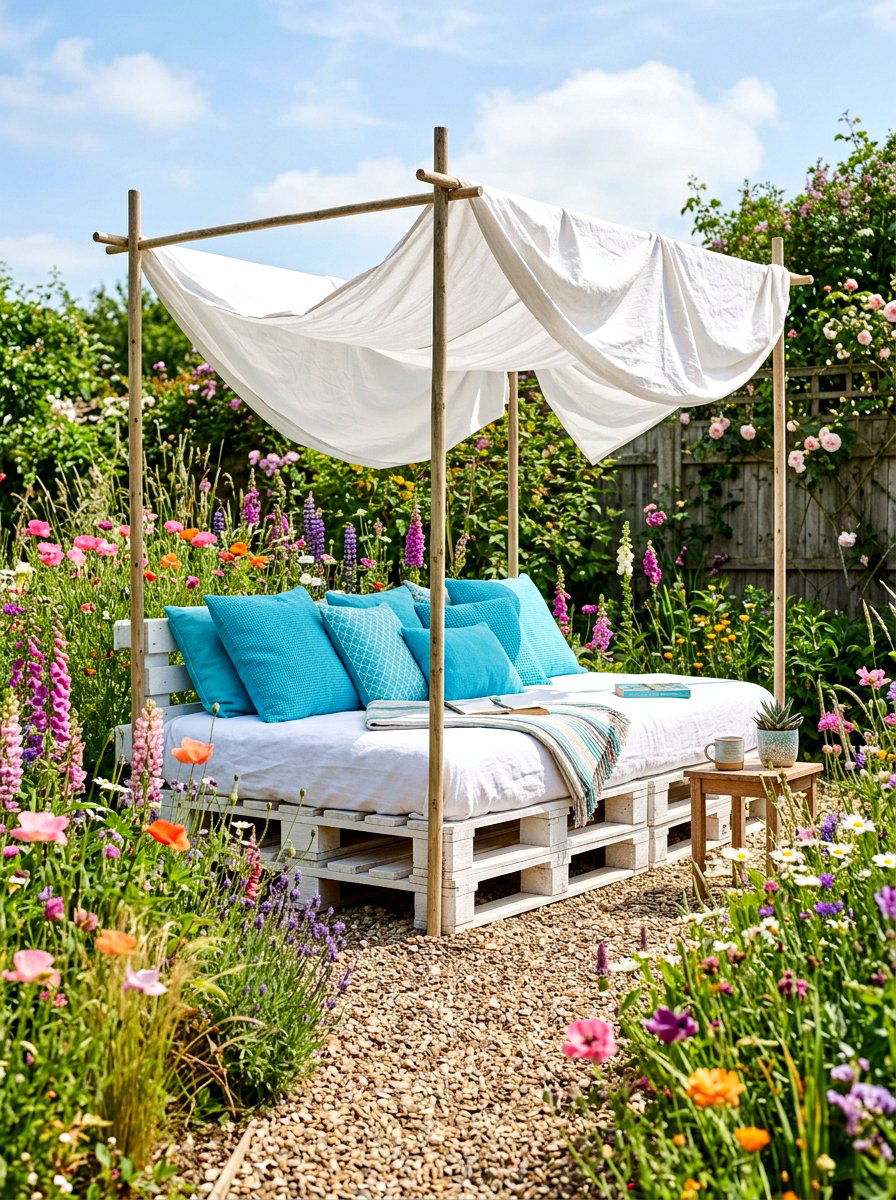 DIY pallet daybed - 30 outdoor daybed canopy ideas