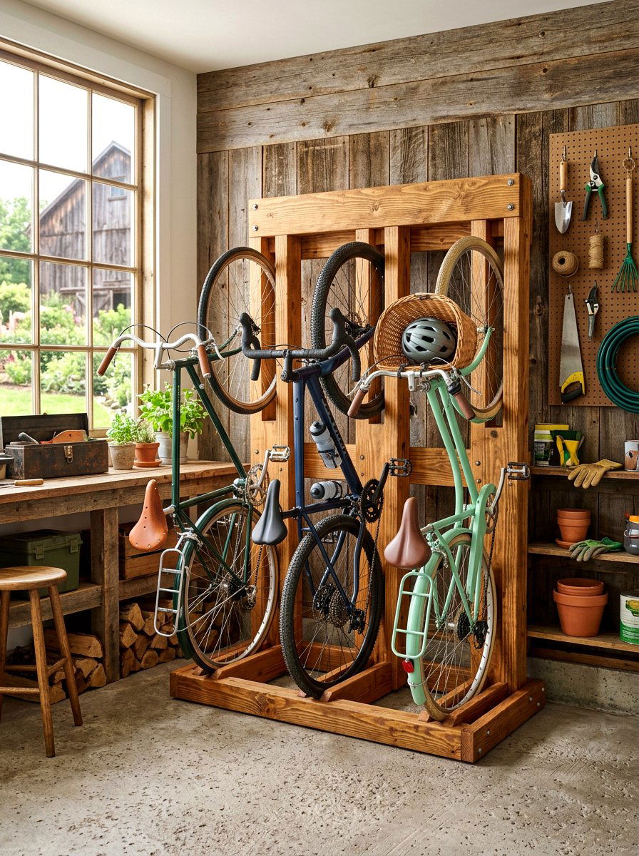 DIY wooden bike rack - 30 garage bike storage ideas