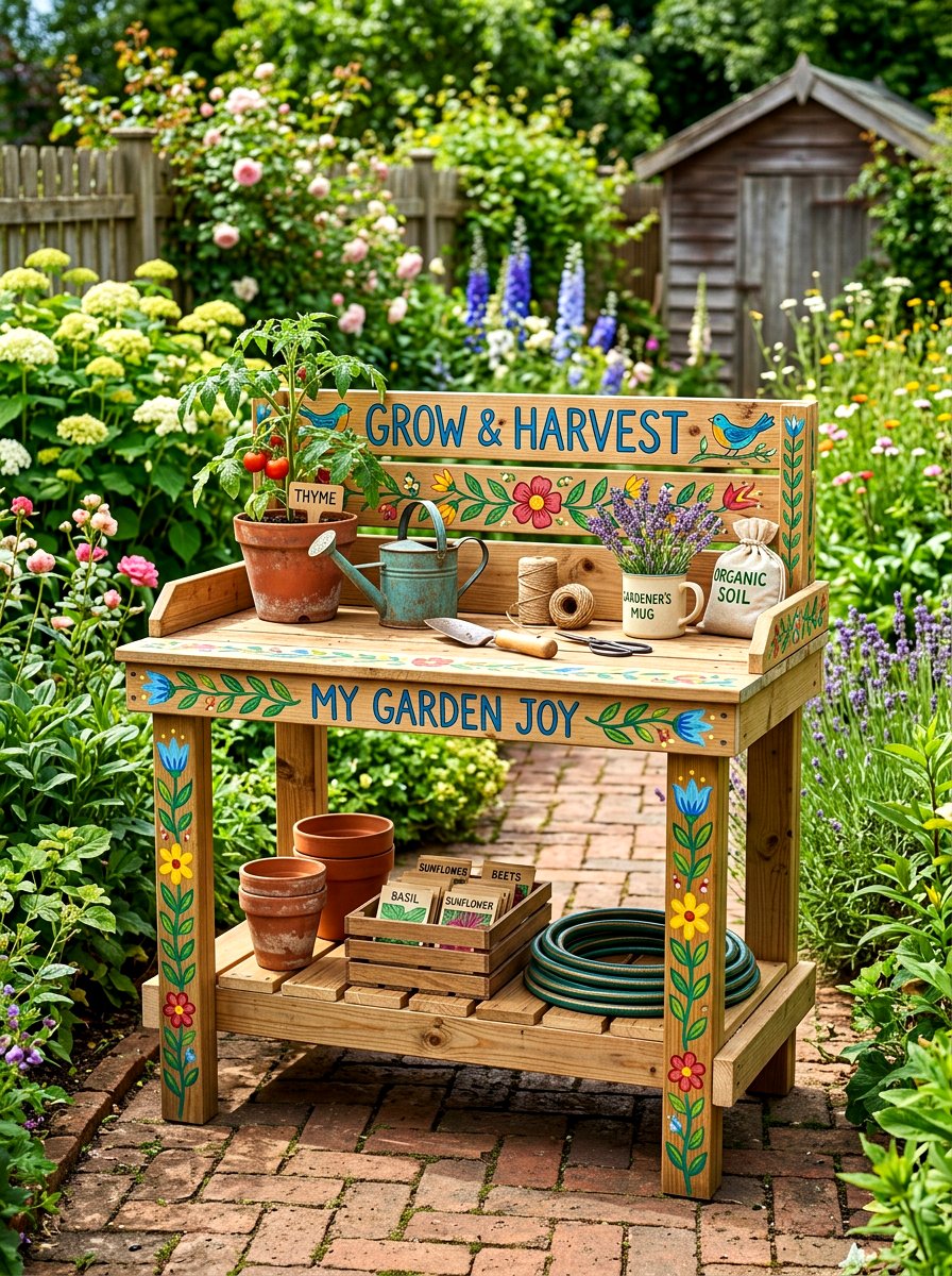 DIY wooden potting table - 30 potting table greenhouse ideas