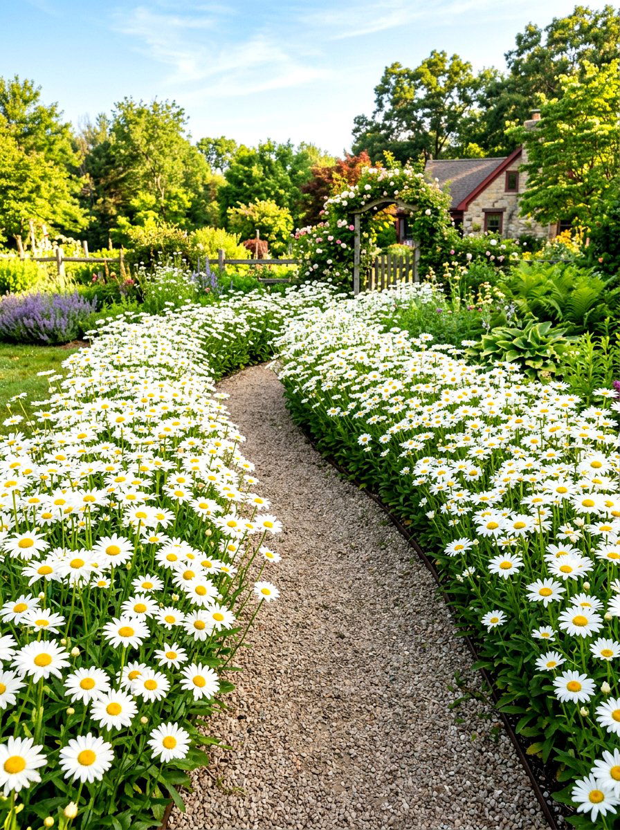 Daisy border path - 30 front path flower bed ideas