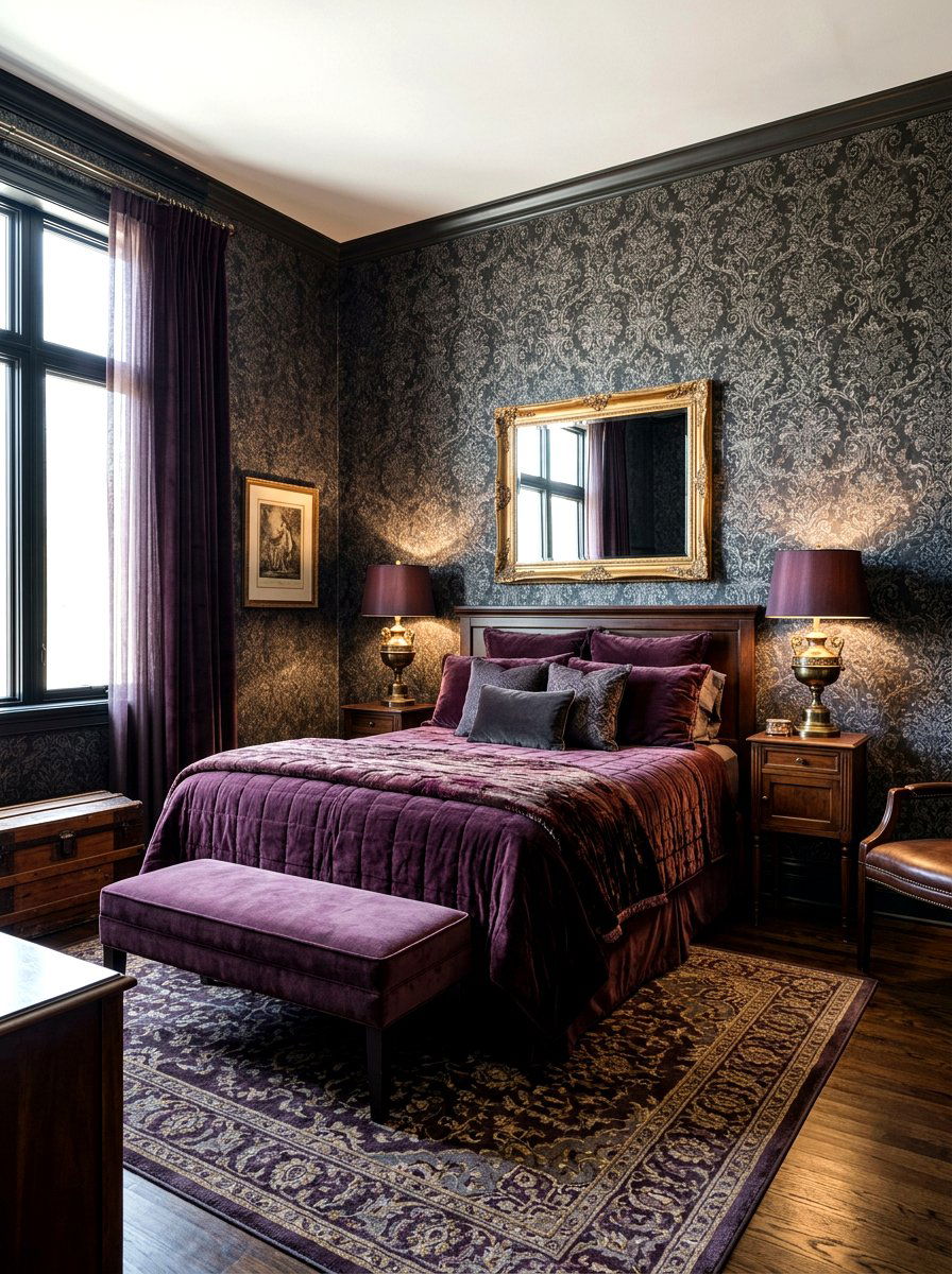 Damask Pattern Guest Room - 30 dark romantic Halloween home ideas