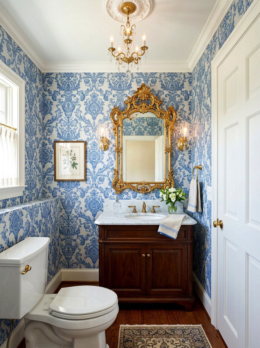 Damask pattern wallpaper - 30 jewel box powder room wallpaper ideas