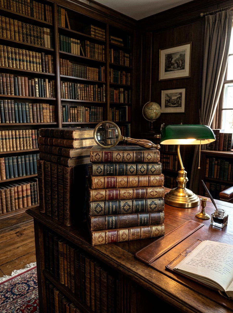Dark Academia Leather Library Stack - 30 stacked book table ideas