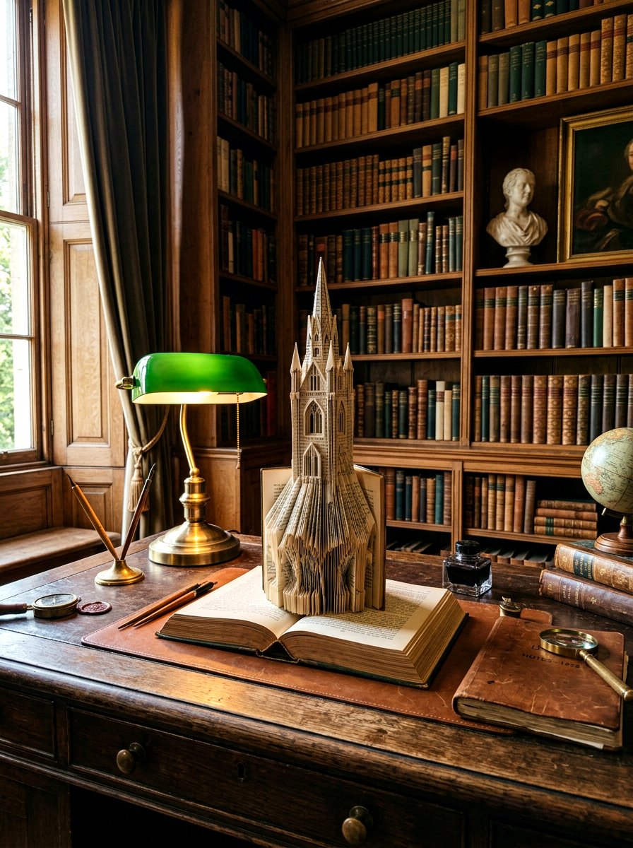 Dark Academia Study With Folded Vintage Book Art - 30 vintage book decor ideas
