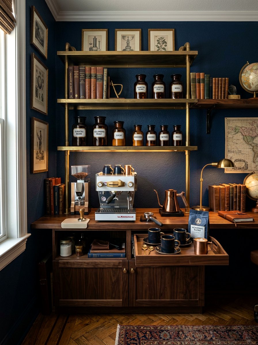 Dark Academy Coffee Station - 30 coffeehouse kitchen corner ideas