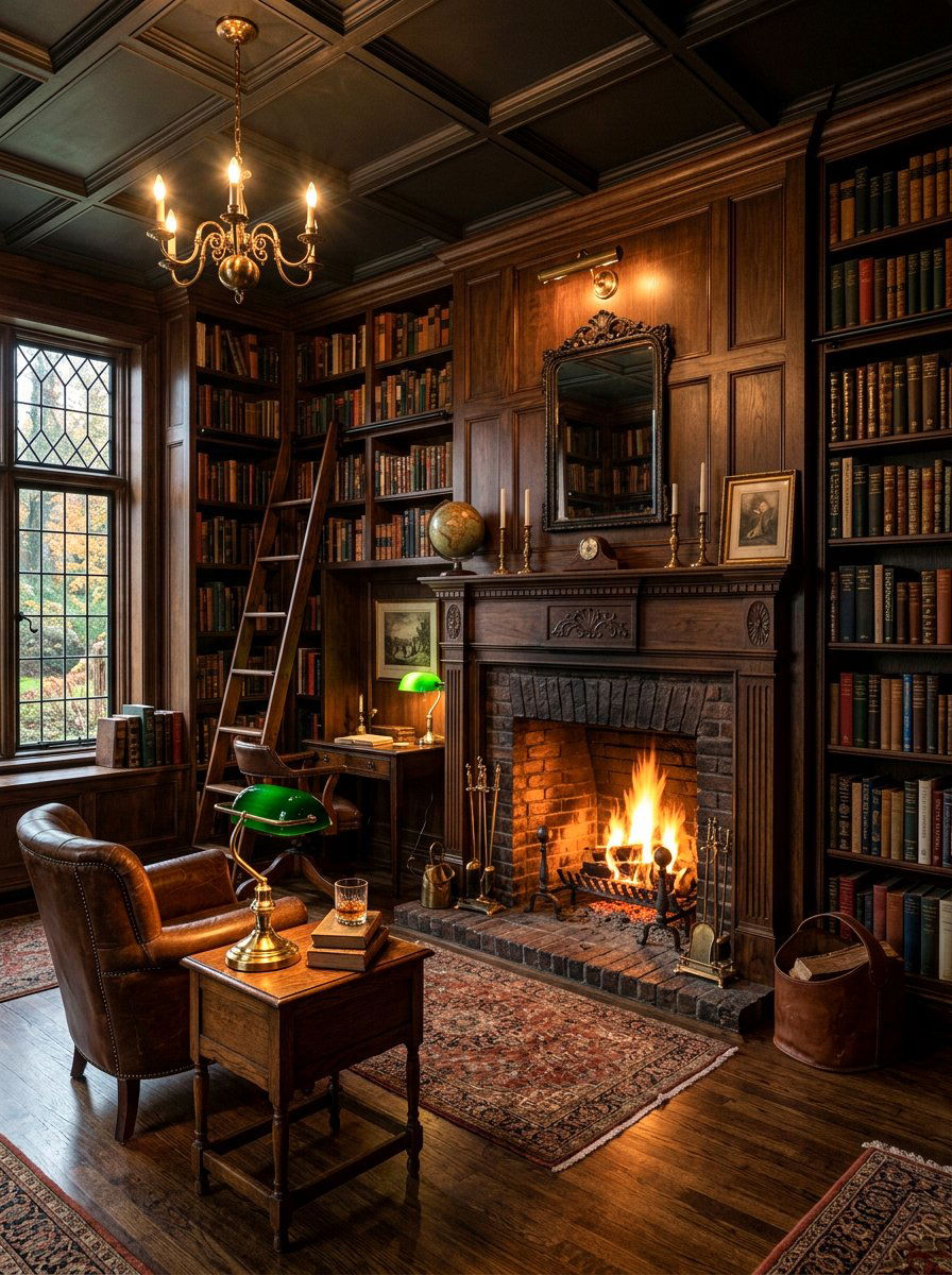 Dark Academy Fireplace Library - 30 fireplace reading nook ideas
