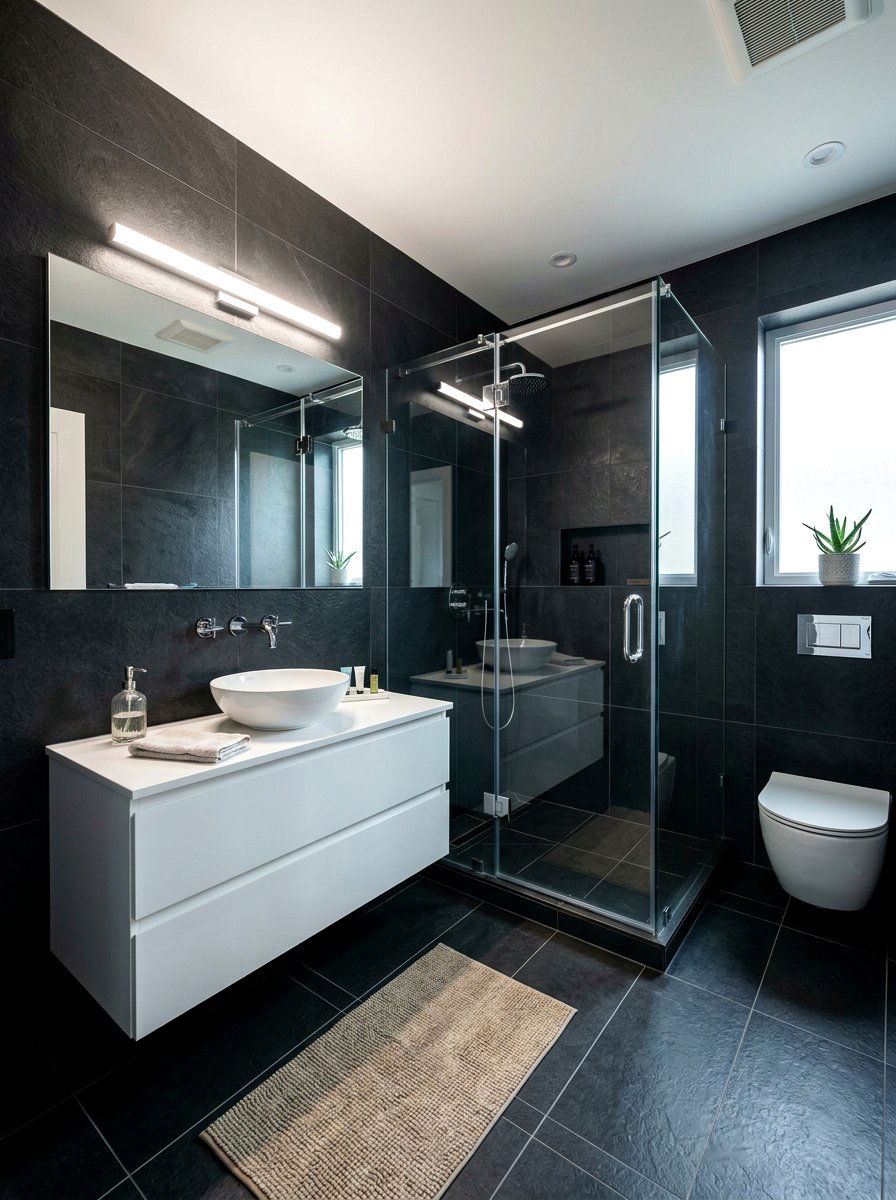 Dark Anthracite Bathroom - 30 floor to ceiling tile bathroom ideas